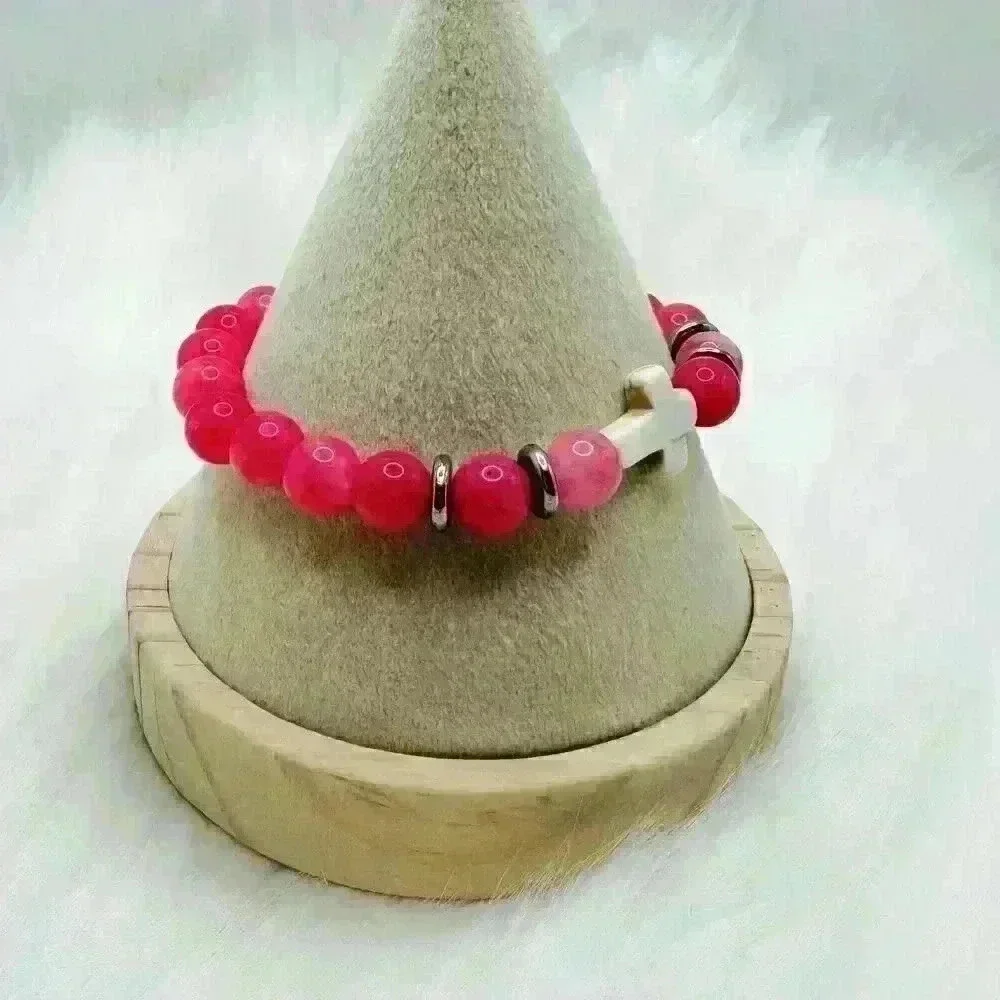 Bubble Gum Pink Beaded W/ White Cross Bracelet